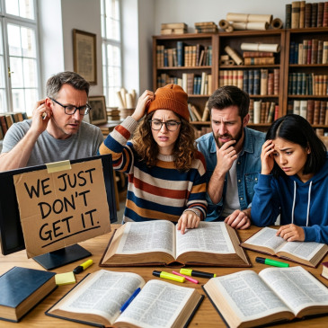 Four adults appearing confused and frustrated while reading open books in a library with a sign saying 'We just don't get it.'